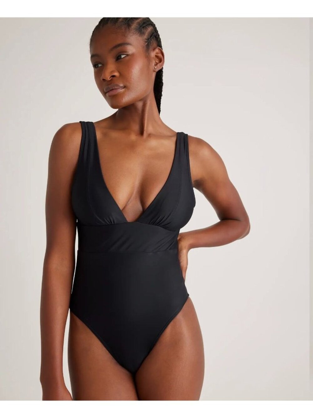 NWT Quince Italian Plunge One-Piece Swimsuit in Black - Size: Large